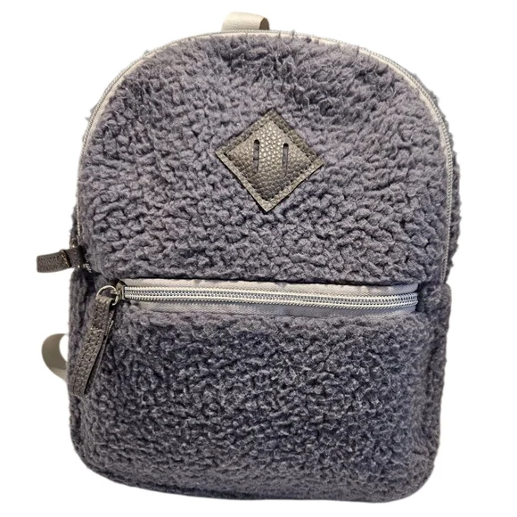 Gray Sherpa Fuzzy Mini Backpack with Pink Lining – Soft Plush Bag