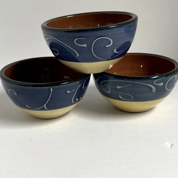 Crate & Barrel Blue Yellow Scroll Dip Bowls Set of 3 Portugal Hand Painted
