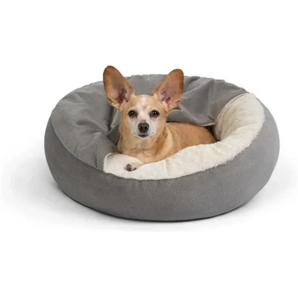 Cozy Cat Bed Dog Bed with Attached Blanket Round Donut Plush Soft Pet Bed Gray