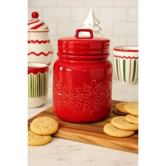 Crate & Barrel Glazed Snowflake Cookie Jar in Red
