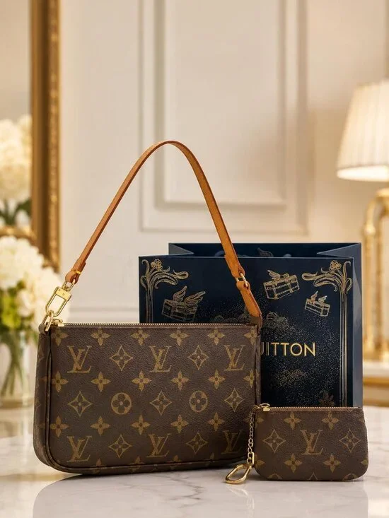 Authentic Louis Vuitton Monogram Pochette Accessoires & Cles Coin case Set 2