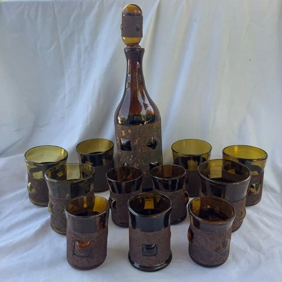 VINTAGE BRUTALIST FELIPE DERFLINGHER IMPRISONED GLASS DECANTER & GLASSES 12PCSET