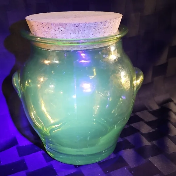 Crate & Barrel Recycled Green Glass Canister/Jar with Cork Stopper, UV Reactive