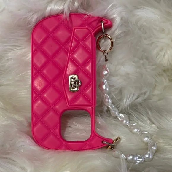Pink Quilted Phone Case with Pearl Strap