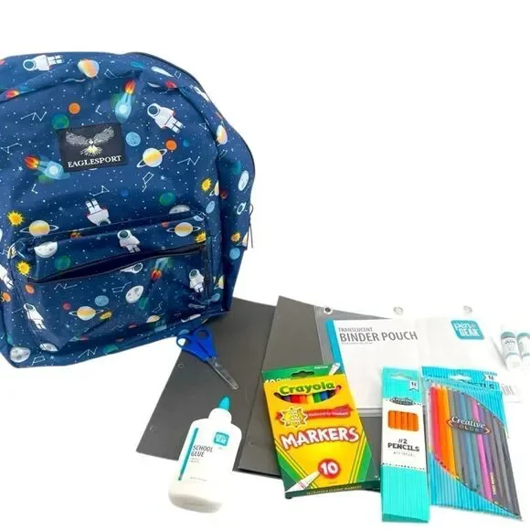 Eaglesport Space Backpack 16” NWT + School Supplies Bundle – Navy Blue