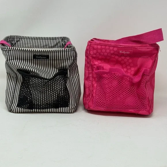 Thirty One Little Carryall Caddys Organizer Bag Black White Stripes Pink Dots