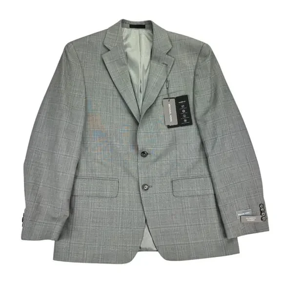 Michael Kors Mens Classic Fit Plaid Stretch Wool Blend Suit Jacket Gray 38S