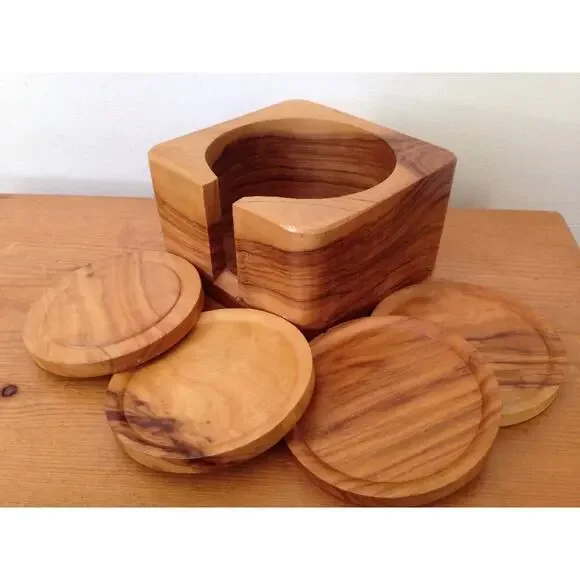 Set of 4 Natural Finish Wooden Coasters w Solid Hardwood Housing Holder