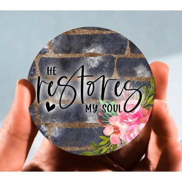 Set of 2 Car Coasters, He‎ Restores My Soul Car Coaster, Neoprene Car Coaster