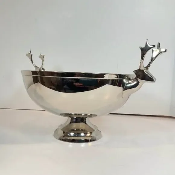 Crate & Barrel Reindeer Bowl 9” Silver Tone Fruit Cabin Christmas Holiday Lodge