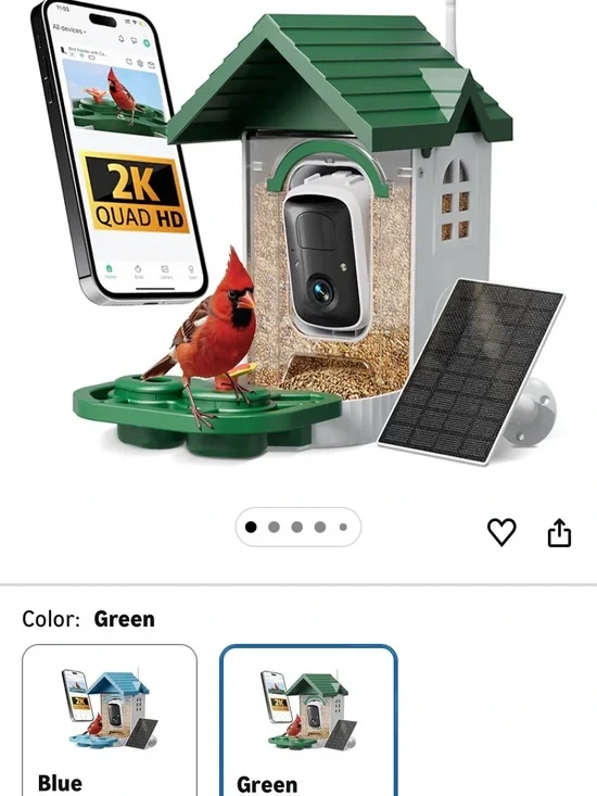 Green Solar Bird Feeder with 2K Wi‑Fi Camera - Wireless Birdhouse Security