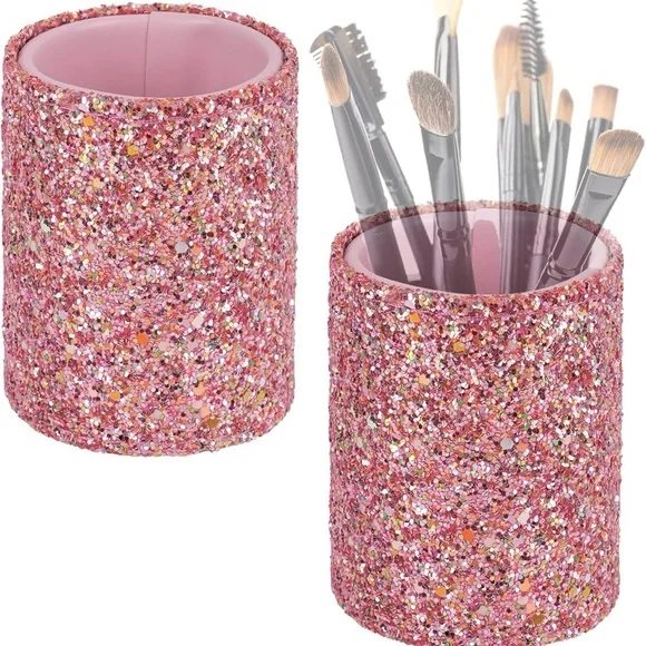 2 Pink Glitter PU Leather Holder for Makeup Brushes, Eyeglasses, Pens & More!