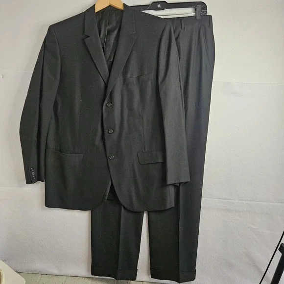 Vtg Hickey Freeman Corrigan Twill 3 Button Suit Black Wool Blazer Pants 43R 35W