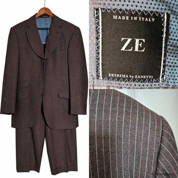 ZE Zanetti Super 140’s Wool Suit Made In Italy Brown Pinstripe Blazer Pant 42.