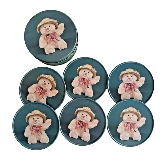 Vintage Teddy Bear Coaster Set Matching Collector Tin Set of 6 Cork Backs