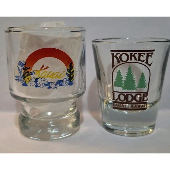 2 Vintage 1990's KAUAI Shot Glasses Mountains on Island & Kokee Lodge Hawaii