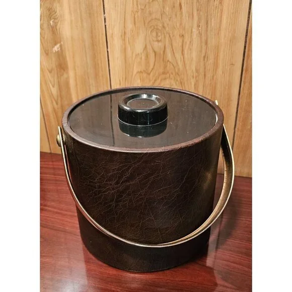 Vintage 1980's Ice Bucket Made in Italy #501 Laux Leather Gold Tone Metal Handle