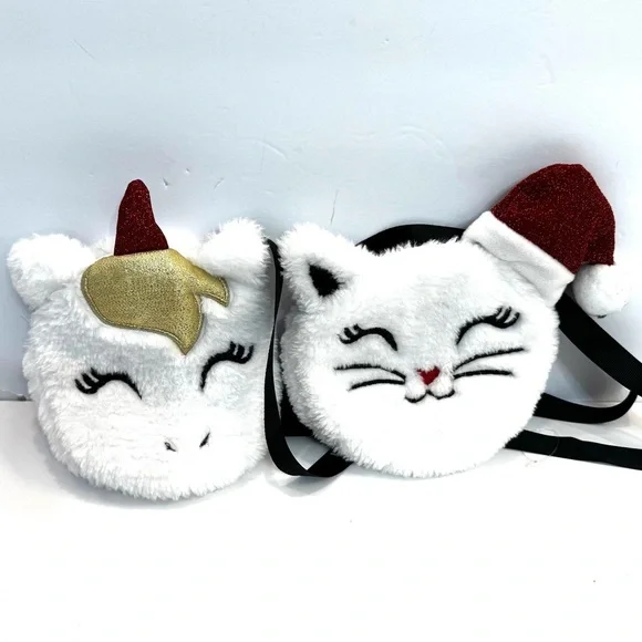 2 Toddler White Fuzzy Christmas Purses Unicorn and Kitty Pretend Play
