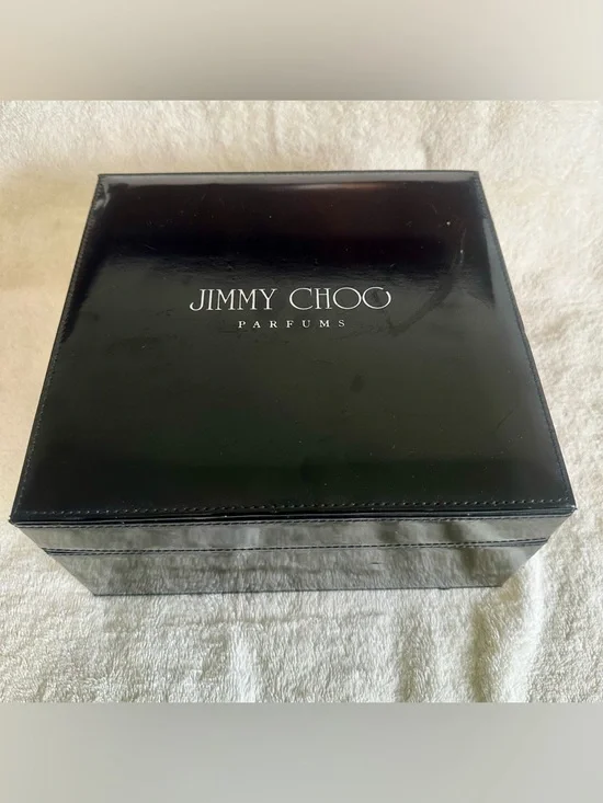 Jimmy Choo Parfums Black Patent Jewelry Box Vanity Case Makeup Mirror Storage