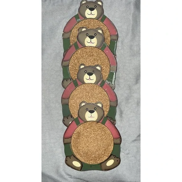 Christmas Teddy Bear Coaster‎ Set Wooden Country Bears Cork