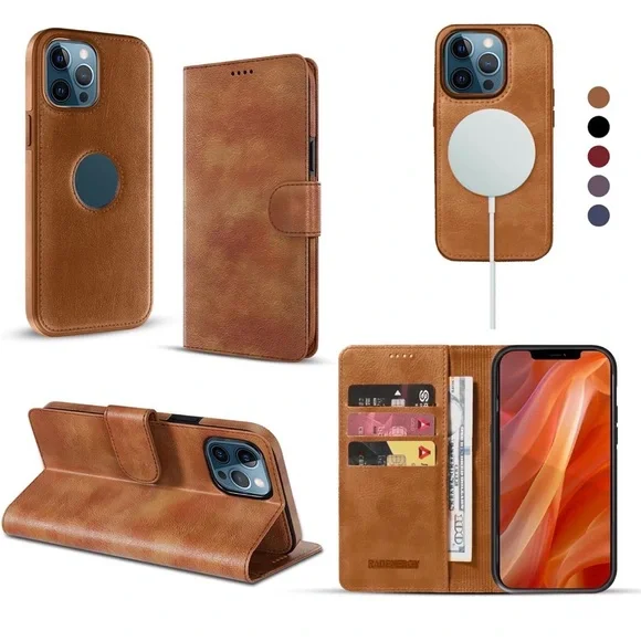 Brown Leather Phone Case with Card Holder for iPhone 15 Pro max, new