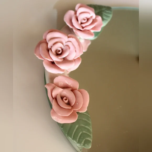 Vintage Pink Rose Decorative Tray with Green Leaves
