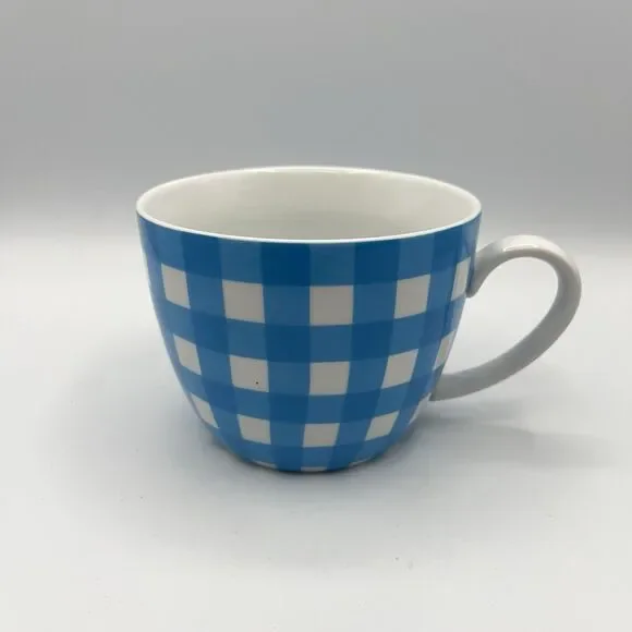Crate & Barrel Coffee Mug Cup Gingham Plaid Blue White