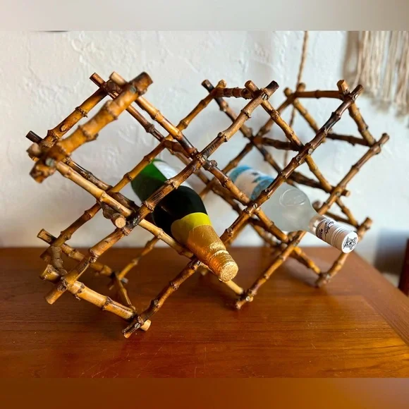 Vintage Boho Bamboo Folding Wine Rack – Mid Century Bar Cart Bottle Holder