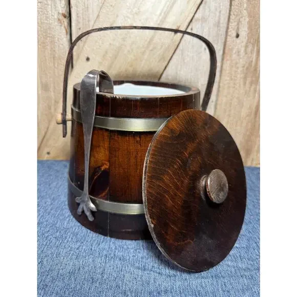 Vtg MCM Firkin Wood Ice Bucket by Putney Vermont Basketville Handle, Lid & Liner