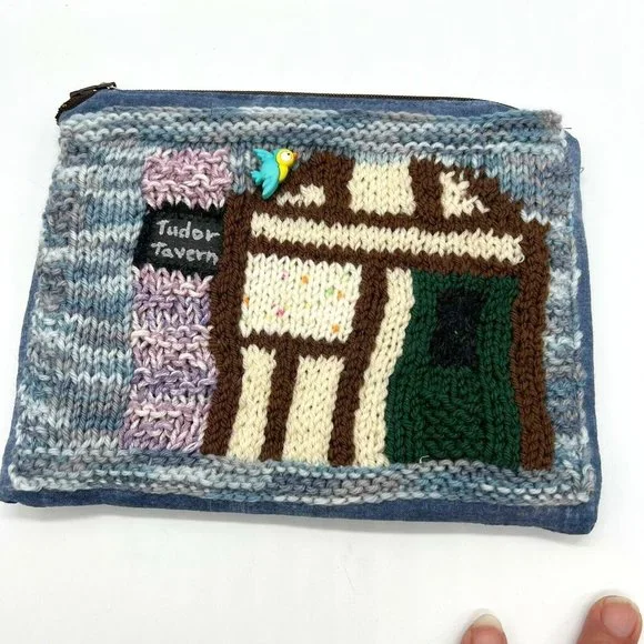 Crochet Knit Small Cosmetic Bag Bird House Jean Fabric Quilt 8.5x7