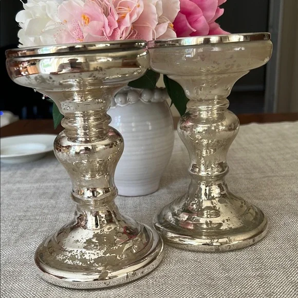 Crate&Barrel Distressed Silver Candle Holders
