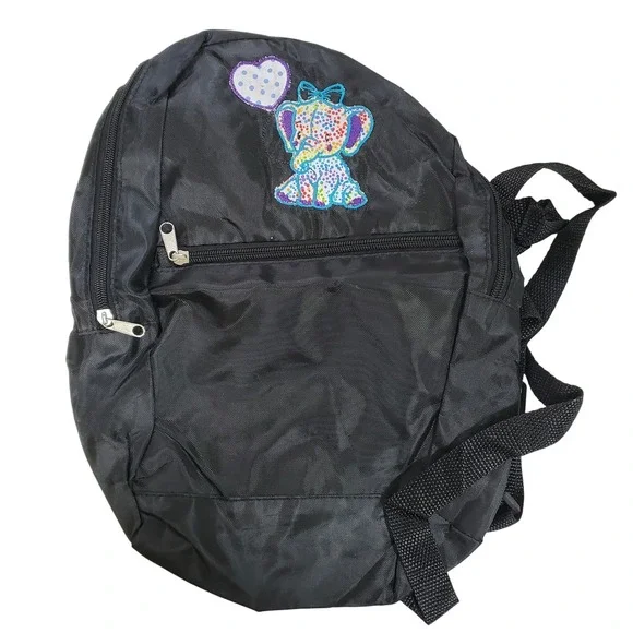 Black Nylon Backpack with Colorful Polka Dot Elephant Patch and Heart Balloon