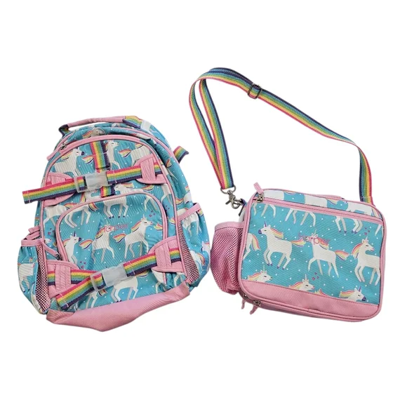 PBK Mackenzie Backpack & Lunchbox Aqua Unicorn Harper Monogram Good Condition
