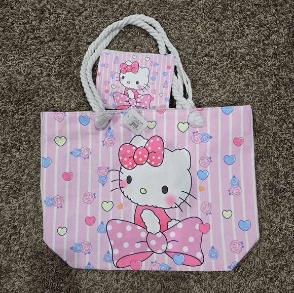 New Hello Kitty Zip Tote Bag with Coin Pouch and Rope Handles