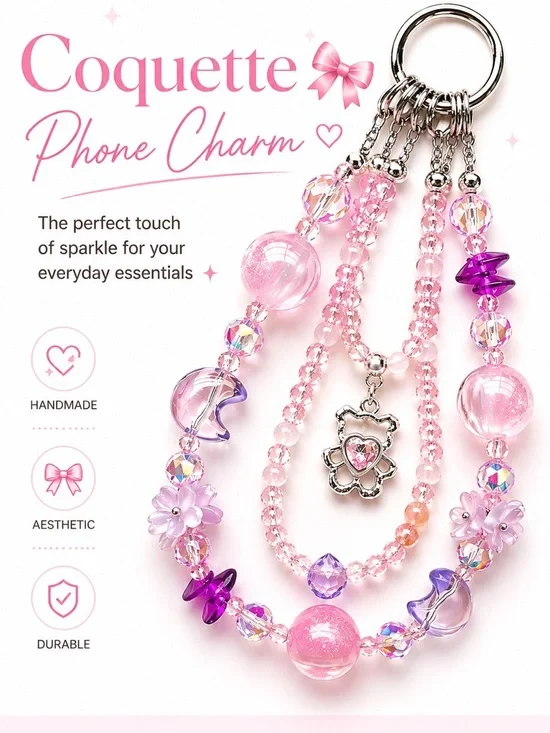 Coquette Phone Charm Pink | Soft Girl Aesthetic Strap | Cute Beaded iPhone Chain