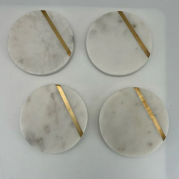 Cork & Mill Marble Coasters Set of 4 White Marble Gold Brass Bar Contemporary