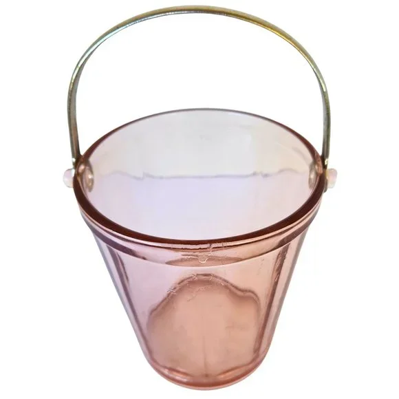 Antique Pink Depression Glass Minimalist Ice Bucket with Silver Handle