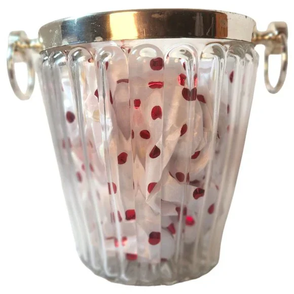 MCM Crystal Ice Bucket Ribbed Glass Silverplate Rim Ring Handles Champagne