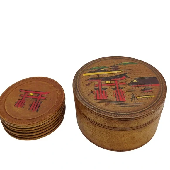 Vintage Japanese Torii Gate Wooden Coaster‎ Set with Storage Box