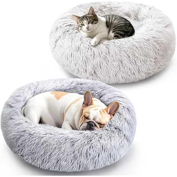 Dog Cat Bed 2 Pack Medium Donut Calming Round Fluffy Washable Pet Bed Grey White