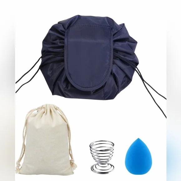 Drawstring Makeup Bag – Travel Cosmetic Organizer - Navy Blue - With Gift