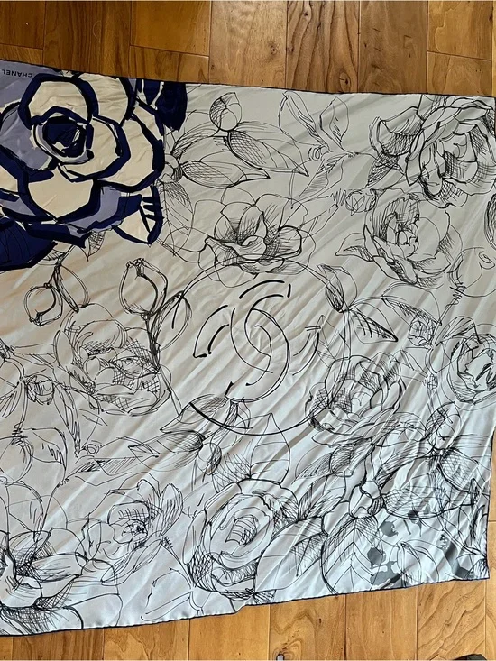 CHANEL Blue and White Silk Scarf