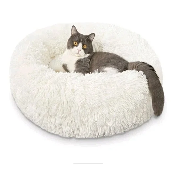 Plush Donut Dog/Cat Bed, Washable, White, Non-slip Bottom, 24in