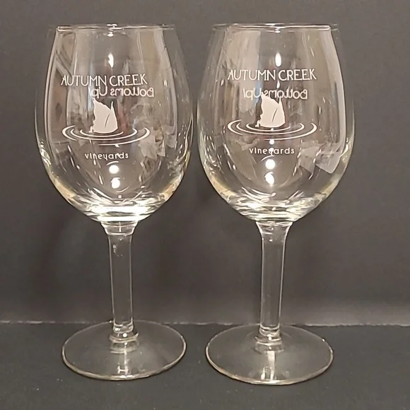 Pair of Autumn Creek Vineyards, Bottoms Up Wine Glasses