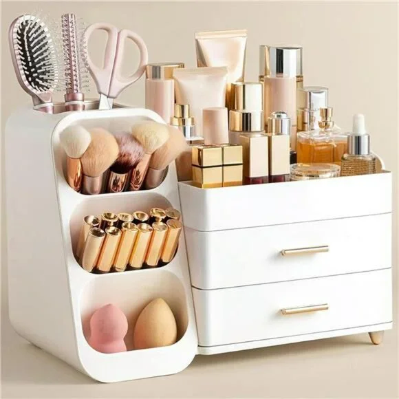 Makeup Organizer with Brush Holder Vanity Skincare Storage Drawers White