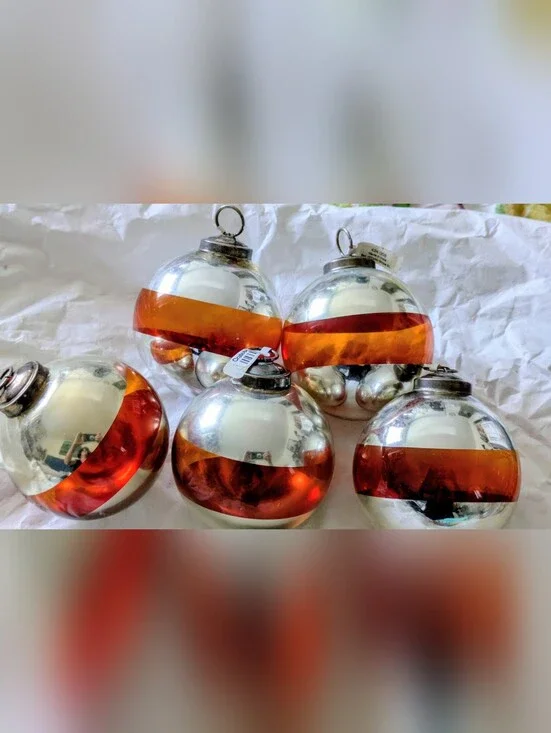 Set of 5 Crate & Barrel Vintage Mercury Glass Ornaments – Red Stripe Metal Hang