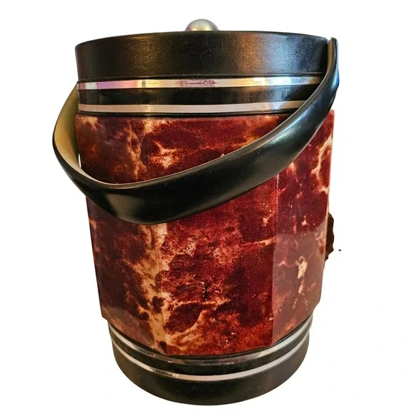 1970s Elmar Mfg Faux Tortoise Shell Ice Bucket Mid Century Modern Burgundy MCM