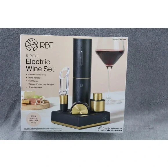 RBT 5-Piece Electric Wine Set Corkscrew Aerator Stopper Rechargeable Black Gold