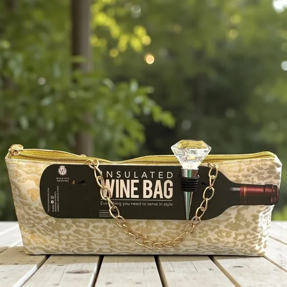 Wild Eye Designs‎ Insulated Wine Bag Leopard Print Gold Chain Rhinestone Stopper
