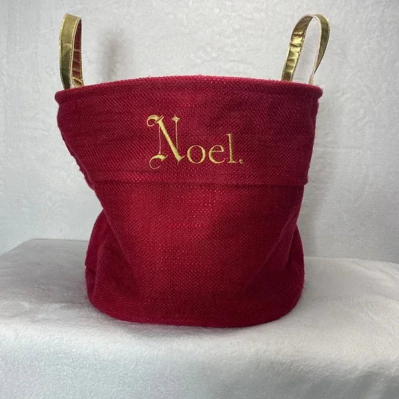 Red Fabric‎ Christmas Basket Gift Bag Tote Gold Handles Noel Holiday Large